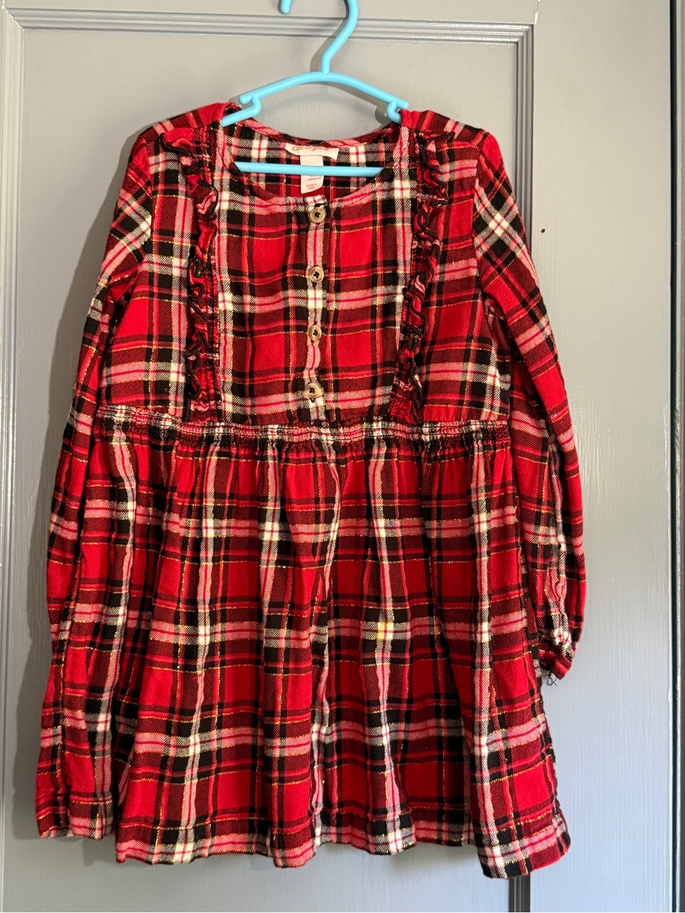 Cat & Jack Red Plaid Ruffle-Trim Long-Sleeve Dress